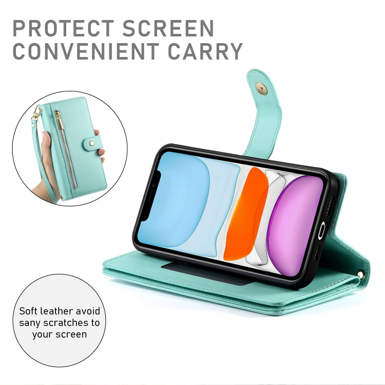 For iPhone 11 Nine Card-slot Zipper Wallet Bag Leather Phone Case(Mint Green) - iPhone 11 Cases by buy2fix | Online Shopping UK | buy2fix
