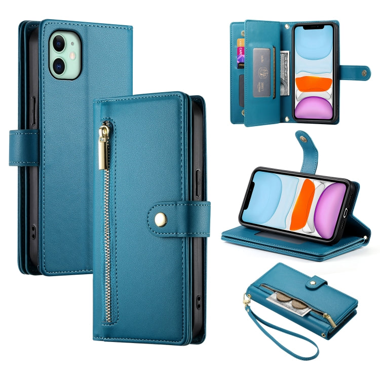 For iPhone 11 Nine Card-slot Zipper Wallet Bag Leather Phone Case(Blue) - iPhone 11 Cases by buy2fix | Online Shopping UK | buy2fix