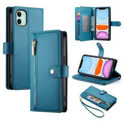 For iPhone 11 Nine Card-slot Zipper Wallet Bag Leather Phone Case(Blue) - iPhone 11 Cases by buy2fix | Online Shopping UK | buy2fix