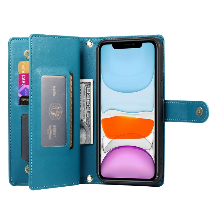 For iPhone 11 Nine Card-slot Zipper Wallet Bag Leather Phone Case(Blue) - iPhone 11 Cases by buy2fix | Online Shopping UK | buy2fix