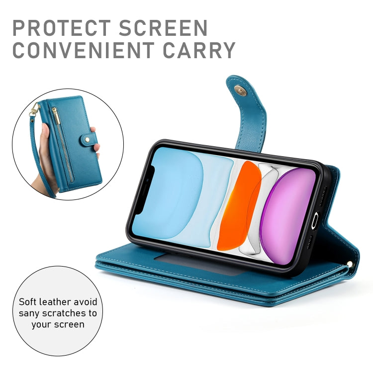 For iPhone 11 Nine Card-slot Zipper Wallet Bag Leather Phone Case(Blue) - iPhone 11 Cases by buy2fix | Online Shopping UK | buy2fix