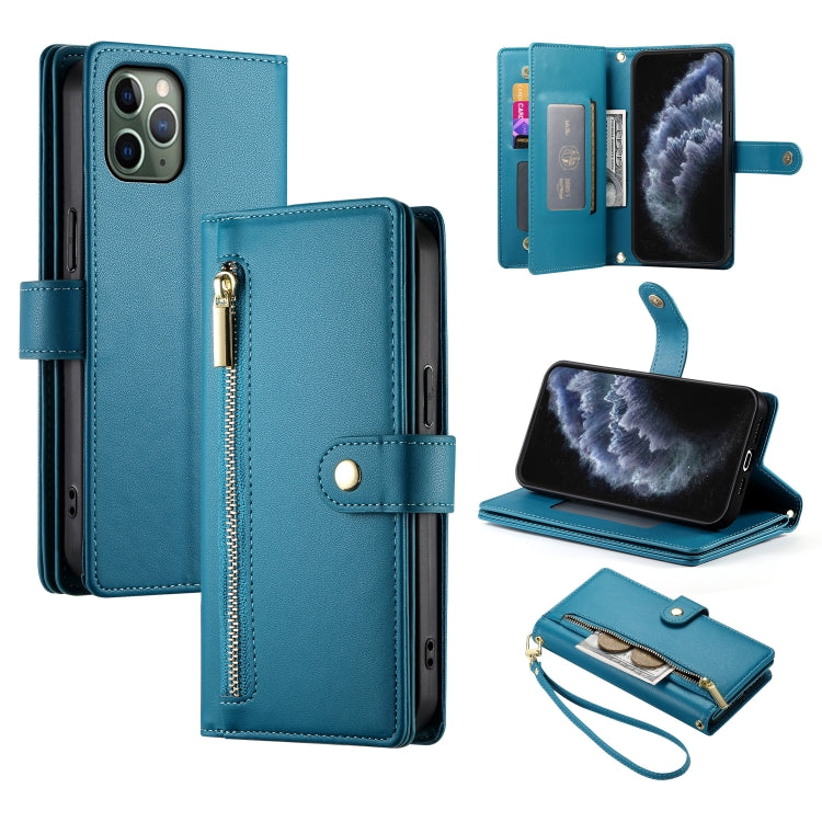 For iPhone 11 Pro Nine Card-slot Zipper Wallet Bag Leather Phone Case(Blue) - iPhone 11 Pro Cases by buy2fix | Online Shopping UK | buy2fix