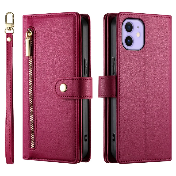 For iPhone 12 / 12 Pro Nine Card-slot Zipper Wallet Bag Leather Phone Case(Red) - iPhone 12 / 12 Pro Cases by buy2fix | Online Shopping UK | buy2fix