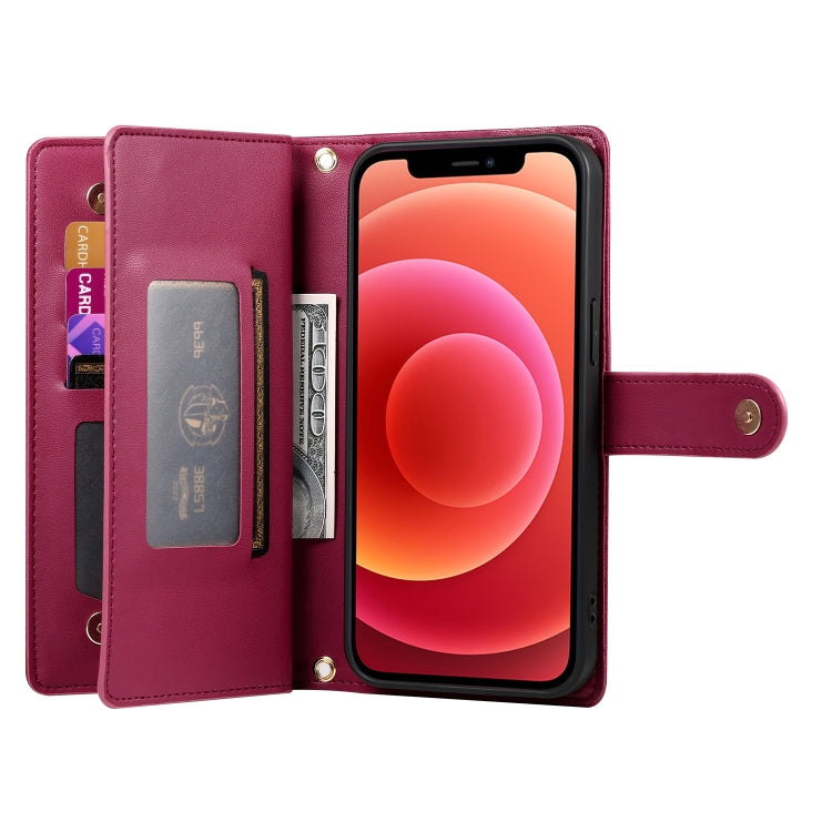 For iPhone 12 / 12 Pro Nine Card-slot Zipper Wallet Bag Leather Phone Case(Red) - iPhone 12 / 12 Pro Cases by buy2fix | Online Shopping UK | buy2fix