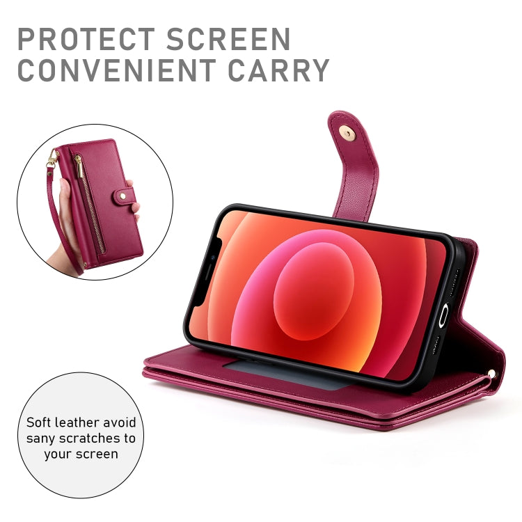 For iPhone 12 / 12 Pro Nine Card-slot Zipper Wallet Bag Leather Phone Case(Red) - iPhone 12 / 12 Pro Cases by buy2fix | Online Shopping UK | buy2fix
