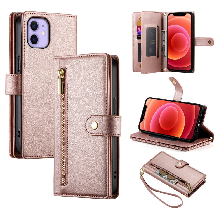For iPhone 12 / 12 Pro Nine Card-slot Zipper Wallet Bag Leather Phone Case(Pink) - iPhone 12 / 12 Pro Cases by buy2fix | Online Shopping UK | buy2fix