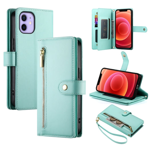 For iPhone 12 / 12 Pro Nine Card-slot Zipper Wallet Bag Leather Phone Case(Mint Green) - iPhone 12 / 12 Pro Cases by buy2fix | Online Shopping UK | buy2fix