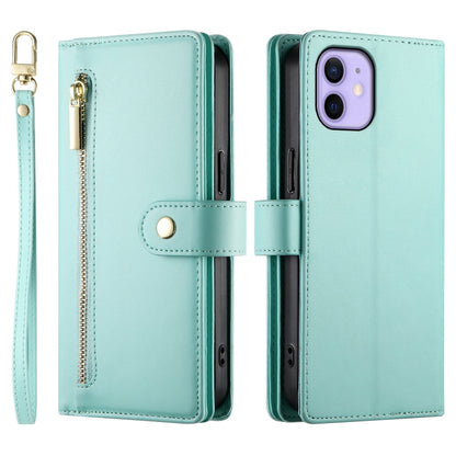 For iPhone 12 / 12 Pro Nine Card-slot Zipper Wallet Bag Leather Phone Case(Mint Green) - iPhone 12 / 12 Pro Cases by buy2fix | Online Shopping UK | buy2fix