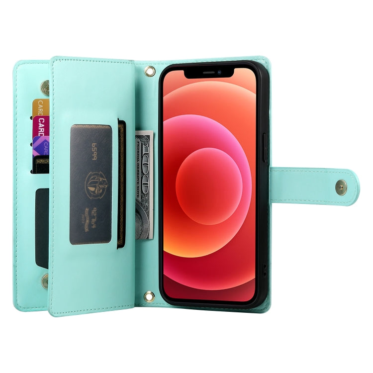 For iPhone 12 / 12 Pro Nine Card-slot Zipper Wallet Bag Leather Phone Case(Mint Green) - iPhone 12 / 12 Pro Cases by buy2fix | Online Shopping UK | buy2fix