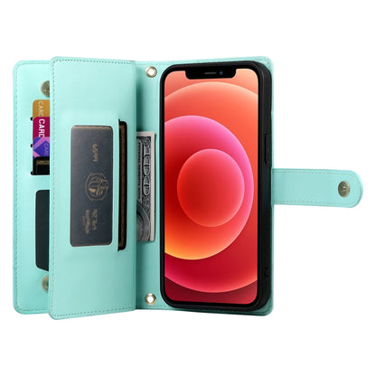 For iPhone 12 / 12 Pro Nine Card-slot Zipper Wallet Bag Leather Phone Case(Mint Green) - iPhone 12 / 12 Pro Cases by buy2fix | Online Shopping UK | buy2fix