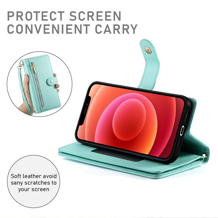 For iPhone 12 / 12 Pro Nine Card-slot Zipper Wallet Bag Leather Phone Case(Mint Green) - iPhone 12 / 12 Pro Cases by buy2fix | Online Shopping UK | buy2fix