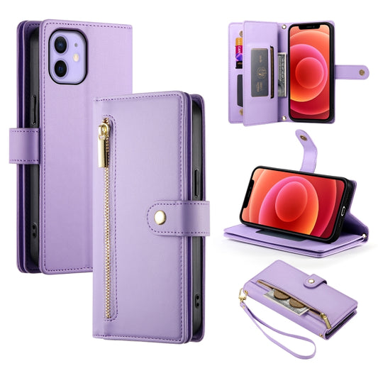 For iPhone 12 / 12 Pro Nine Card-slot Zipper Wallet Bag Leather Phone Case(Purple) - iPhone 12 / 12 Pro Cases by buy2fix | Online Shopping UK | buy2fix