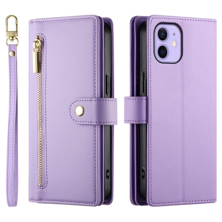 For iPhone 12 / 12 Pro Nine Card-slot Zipper Wallet Bag Leather Phone Case(Purple) - iPhone 12 / 12 Pro Cases by buy2fix | Online Shopping UK | buy2fix