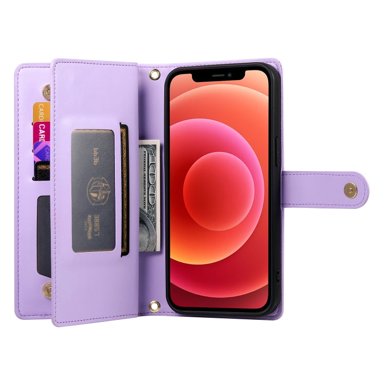 For iPhone 12 / 12 Pro Nine Card-slot Zipper Wallet Bag Leather Phone Case(Purple) - iPhone 12 / 12 Pro Cases by buy2fix | Online Shopping UK | buy2fix