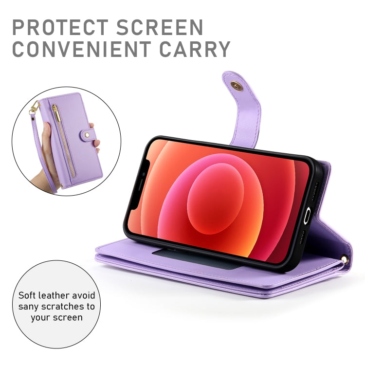 For iPhone 12 / 12 Pro Nine Card-slot Zipper Wallet Bag Leather Phone Case(Purple) - iPhone 12 / 12 Pro Cases by buy2fix | Online Shopping UK | buy2fix