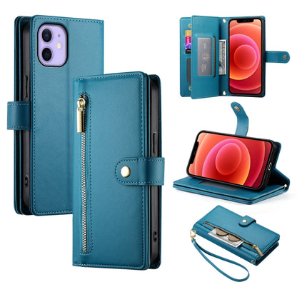 For iPhone 12 / 12 Pro Nine Card-slot Zipper Wallet Bag Leather Phone Case(Blue) - iPhone 12 / 12 Pro Cases by buy2fix | Online Shopping UK | buy2fix