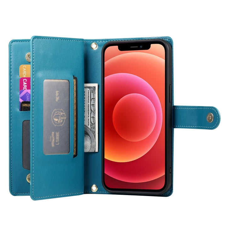 For iPhone 12 / 12 Pro Nine Card-slot Zipper Wallet Bag Leather Phone Case(Blue) - iPhone 12 / 12 Pro Cases by buy2fix | Online Shopping UK | buy2fix