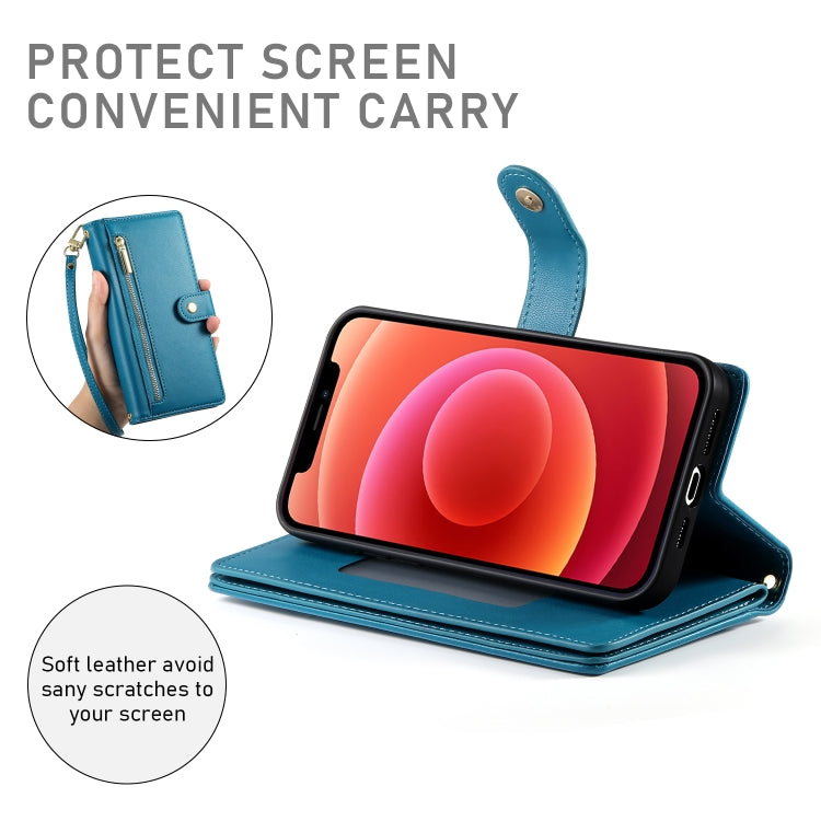 For iPhone 12 / 12 Pro Nine Card-slot Zipper Wallet Bag Leather Phone Case(Blue) - iPhone 12 / 12 Pro Cases by buy2fix | Online Shopping UK | buy2fix
