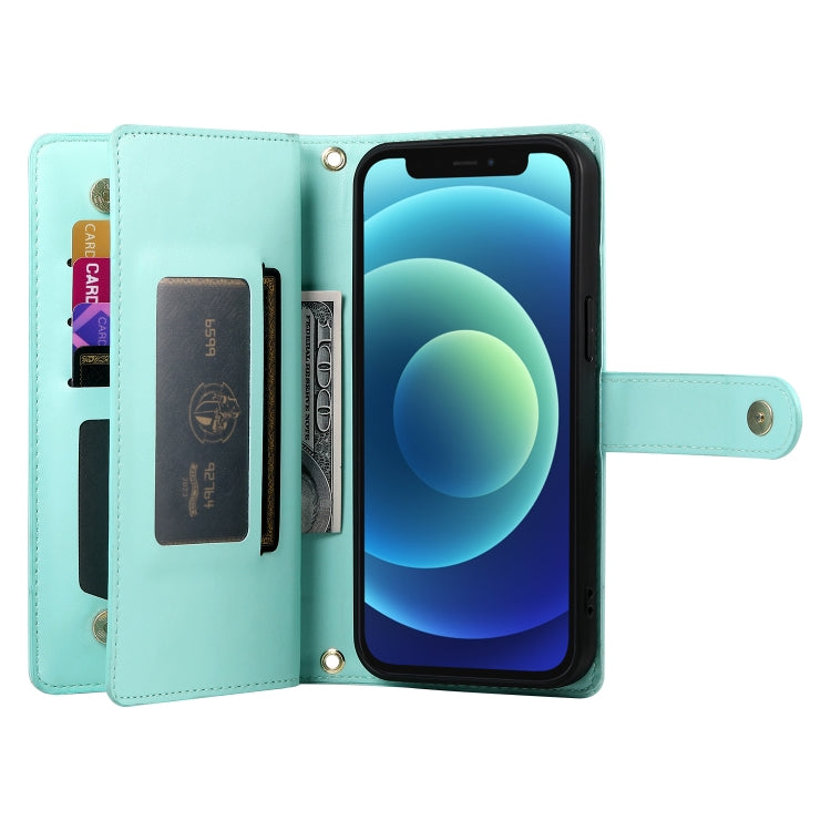 For iPhone 12 mini Nine Card-slot Zipper Wallet Bag Leather Phone Case(Mint Green) - iPhone 12 mini Cases by buy2fix | Online Shopping UK | buy2fix