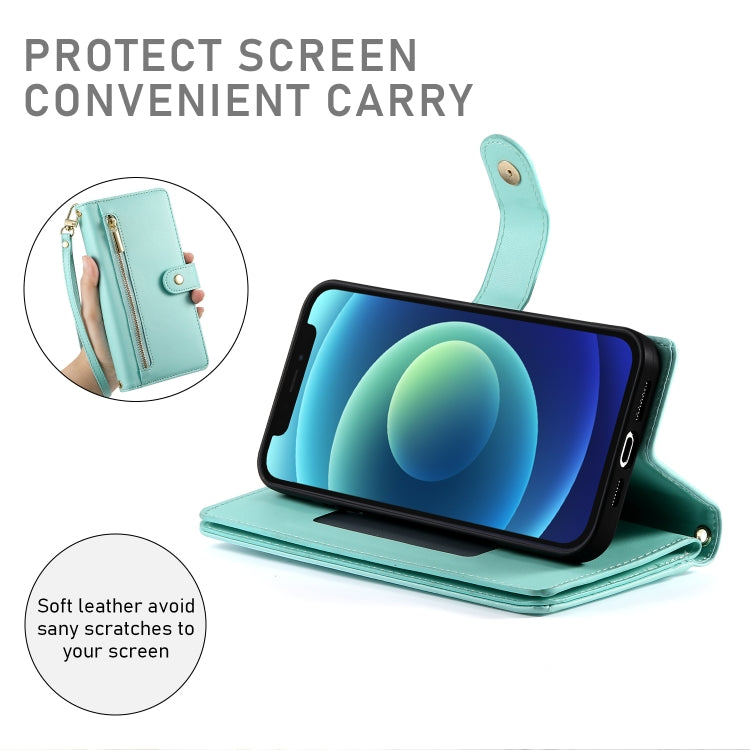 For iPhone 12 mini Nine Card-slot Zipper Wallet Bag Leather Phone Case(Mint Green) - iPhone 12 mini Cases by buy2fix | Online Shopping UK | buy2fix