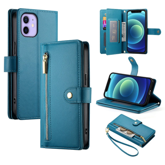For iPhone 12 mini Nine Card-slot Zipper Wallet Bag Leather Phone Case(Blue) - iPhone 12 mini Cases by buy2fix | Online Shopping UK | buy2fix
