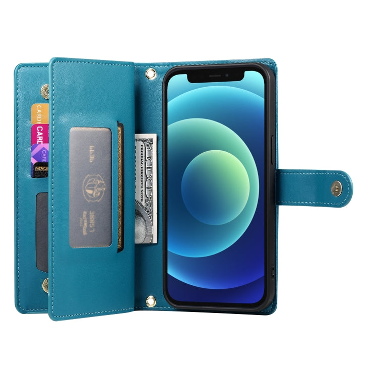 For iPhone 12 mini Nine Card-slot Zipper Wallet Bag Leather Phone Case(Blue) - iPhone 12 mini Cases by buy2fix | Online Shopping UK | buy2fix