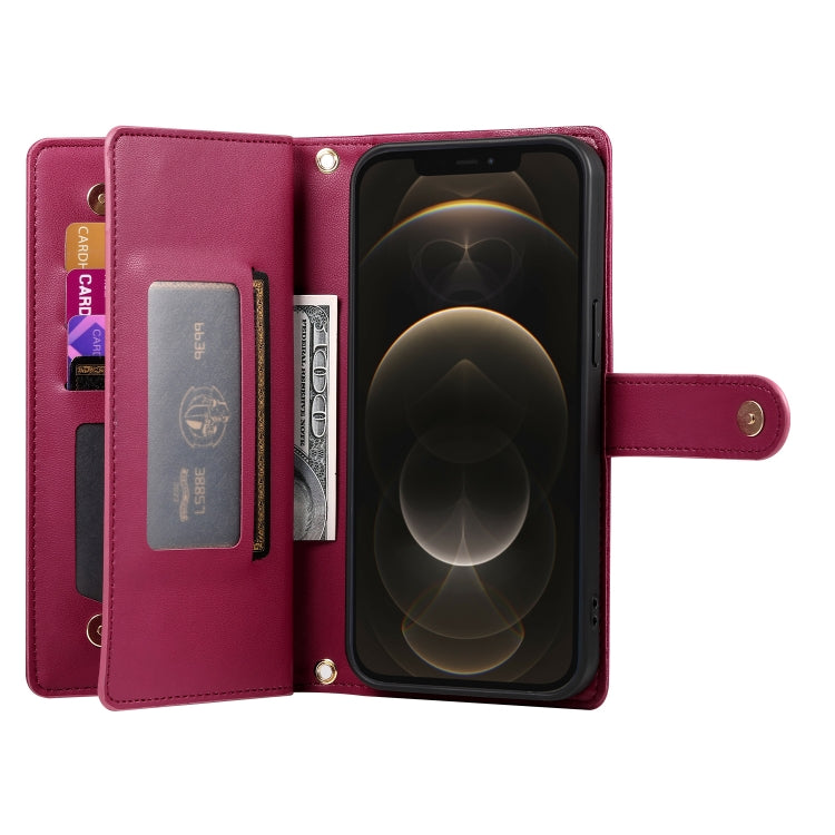 For iPhone 12 Pro Max Nine Card-slot Zipper Wallet Bag Leather Phone Case(Red) - iPhone 12 Pro Max Cases by buy2fix | Online Shopping UK | buy2fix