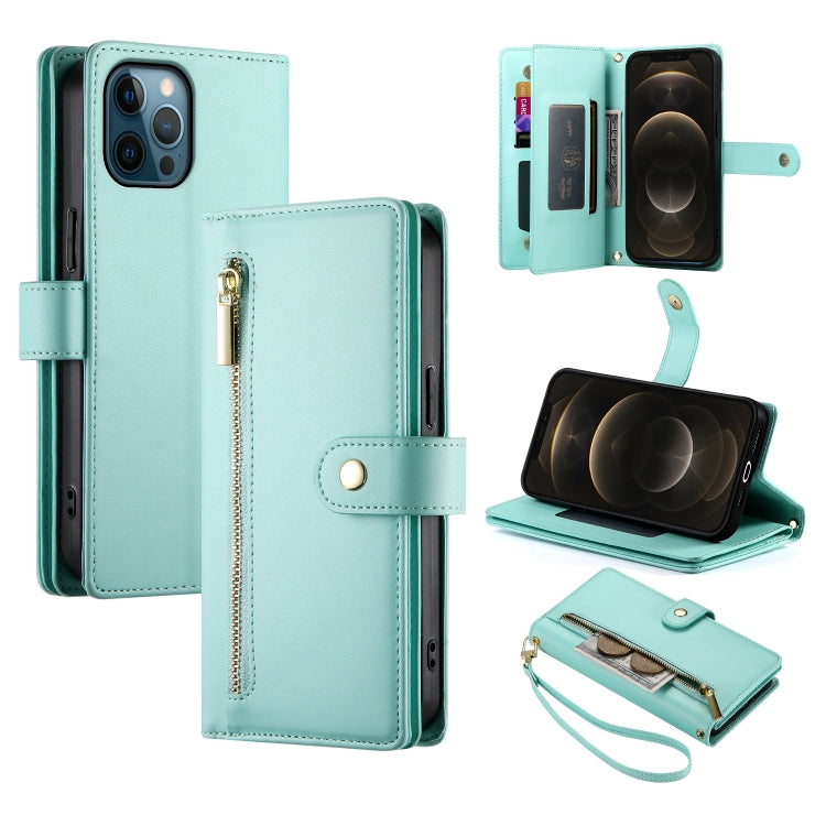 For iPhone 12 Pro Max Nine Card-slot Zipper Wallet Bag Leather Phone Case(Mint Green) - iPhone 12 Pro Max Cases by buy2fix | Online Shopping UK | buy2fix