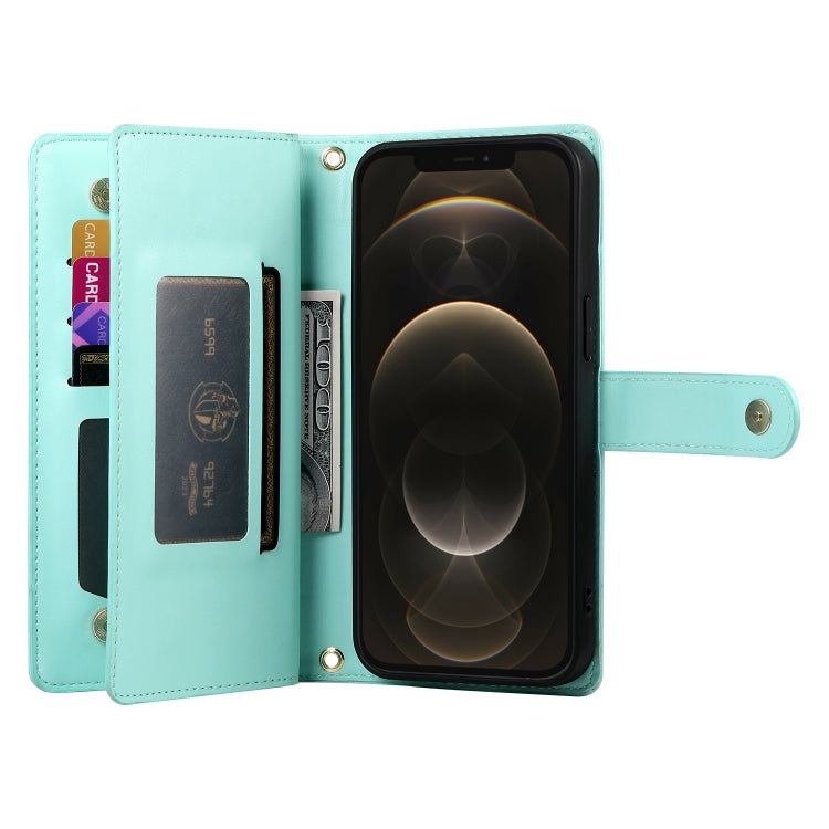 For iPhone 12 Pro Max Nine Card-slot Zipper Wallet Bag Leather Phone Case(Mint Green) - iPhone 12 Pro Max Cases by buy2fix | Online Shopping UK | buy2fix