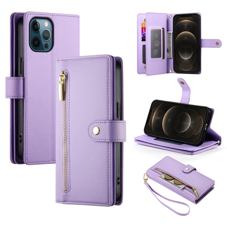 For iPhone 12 Pro Max Nine Card-slot Zipper Wallet Bag Leather Phone Case(Purple) - iPhone 12 Pro Max Cases by buy2fix | Online Shopping UK | buy2fix