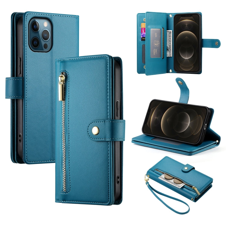 For iPhone 12 Pro Max Nine Card-slot Zipper Wallet Bag Leather Phone Case(Blue) - iPhone 12 Pro Max Cases by buy2fix | Online Shopping UK | buy2fix