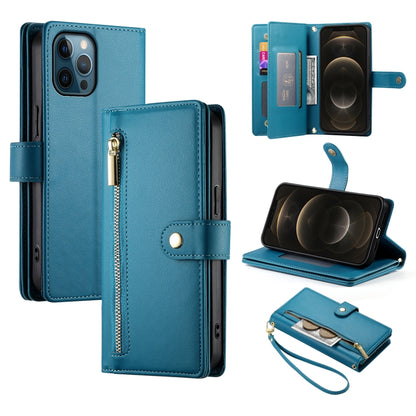 For iPhone 12 Pro Max Nine Card-slot Zipper Wallet Bag Leather Phone Case(Blue) - iPhone 12 Pro Max Cases by buy2fix | Online Shopping UK | buy2fix