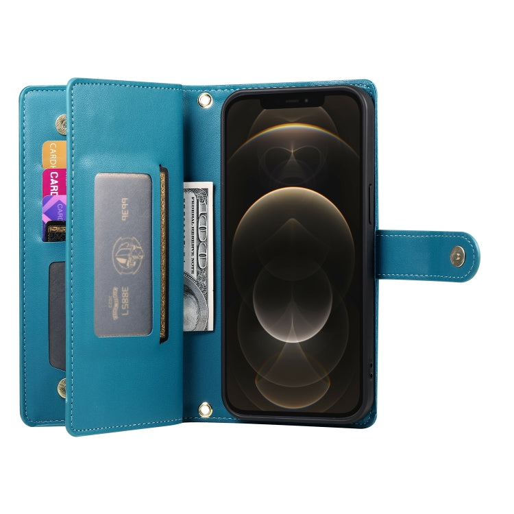 For iPhone 12 Pro Max Nine Card-slot Zipper Wallet Bag Leather Phone Case(Blue) - iPhone 12 Pro Max Cases by buy2fix | Online Shopping UK | buy2fix