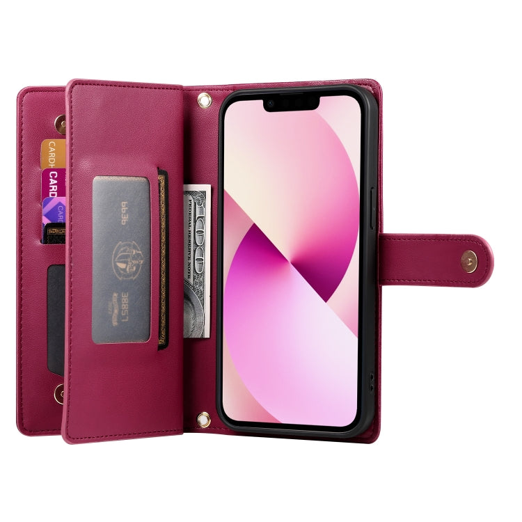 For iPhone 13 Nine Card-slot Zipper Wallet Bag Leather Phone Case(Red) - iPhone 13 Cases by buy2fix | Online Shopping UK | buy2fix