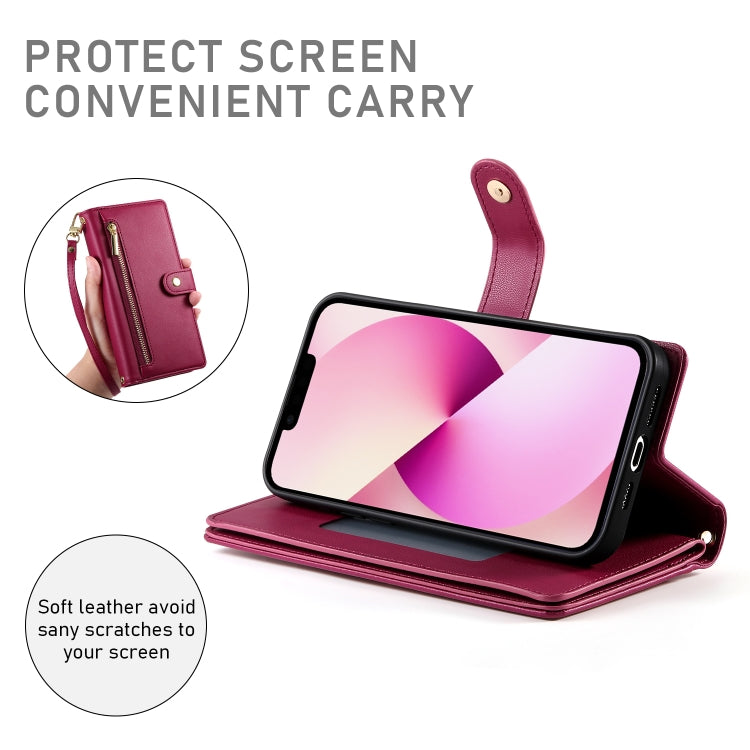 For iPhone 13 Nine Card-slot Zipper Wallet Bag Leather Phone Case(Red) - iPhone 13 Cases by buy2fix | Online Shopping UK | buy2fix