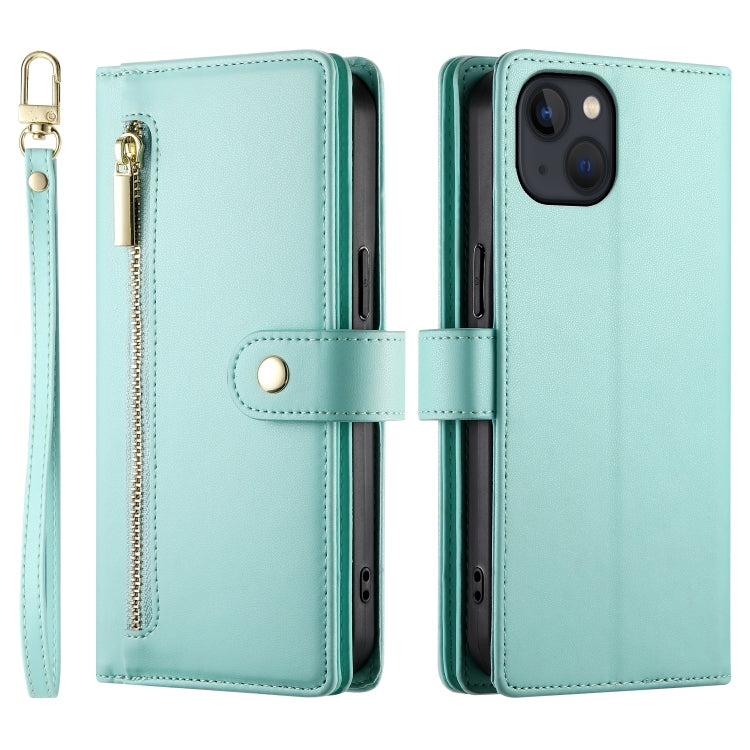 For iPhone 13 Nine Card-slot Zipper Wallet Bag Leather Phone Case(Mint Green) - iPhone 13 Cases by buy2fix | Online Shopping UK | buy2fix