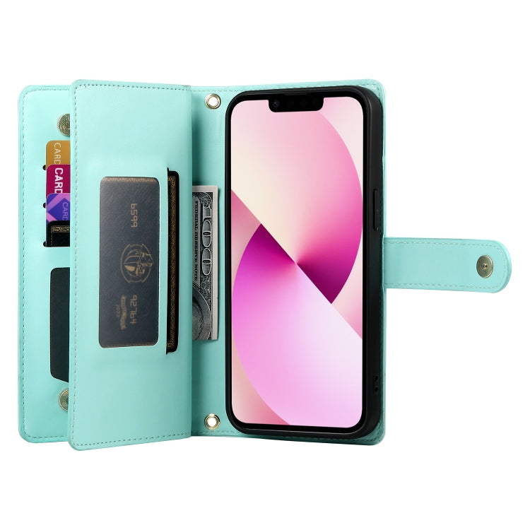 For iPhone 13 Nine Card-slot Zipper Wallet Bag Leather Phone Case(Mint Green) - iPhone 13 Cases by buy2fix | Online Shopping UK | buy2fix