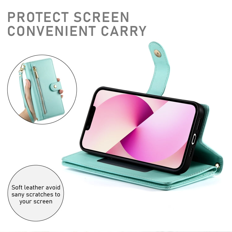 For iPhone 13 Nine Card-slot Zipper Wallet Bag Leather Phone Case(Mint Green) - iPhone 13 Cases by buy2fix | Online Shopping UK | buy2fix