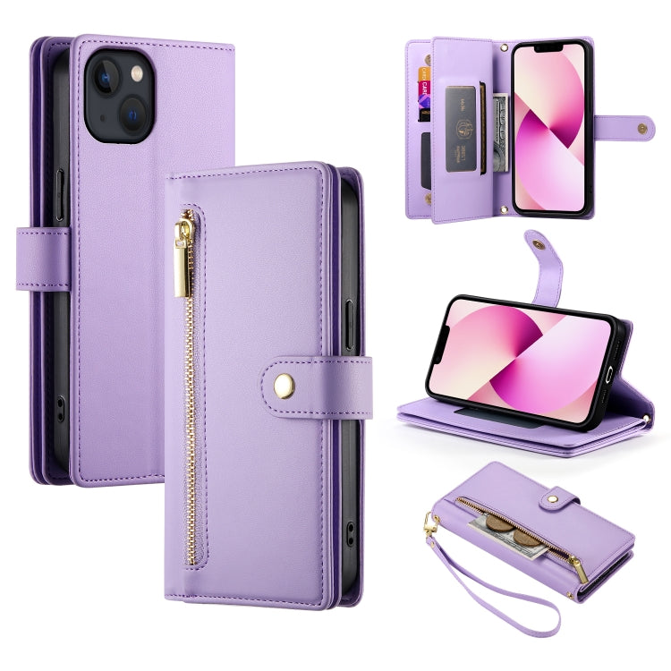 For iPhone 13 Nine Card-slot Zipper Wallet Bag Leather Phone Case(Purple) - iPhone 13 Cases by buy2fix | Online Shopping UK | buy2fix