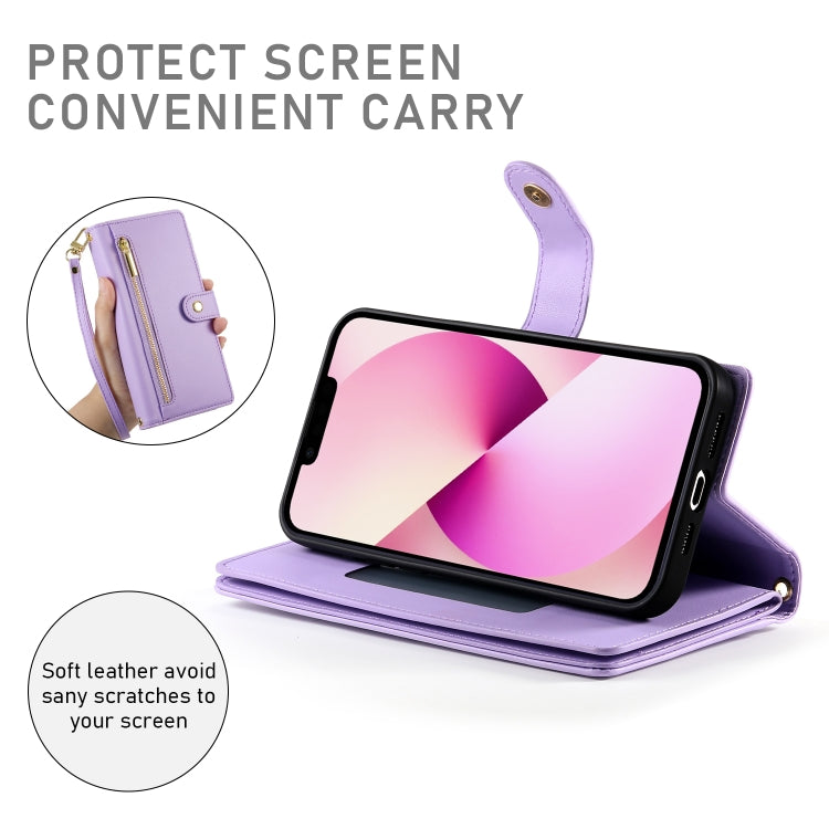 For iPhone 13 Nine Card-slot Zipper Wallet Bag Leather Phone Case(Purple) - iPhone 13 Cases by buy2fix | Online Shopping UK | buy2fix