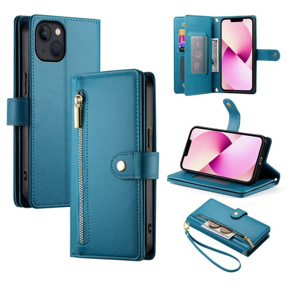For iPhone 13 Nine Card-slot Zipper Wallet Bag Leather Phone Case(Blue) - iPhone 13 Cases by buy2fix | Online Shopping UK | buy2fix
