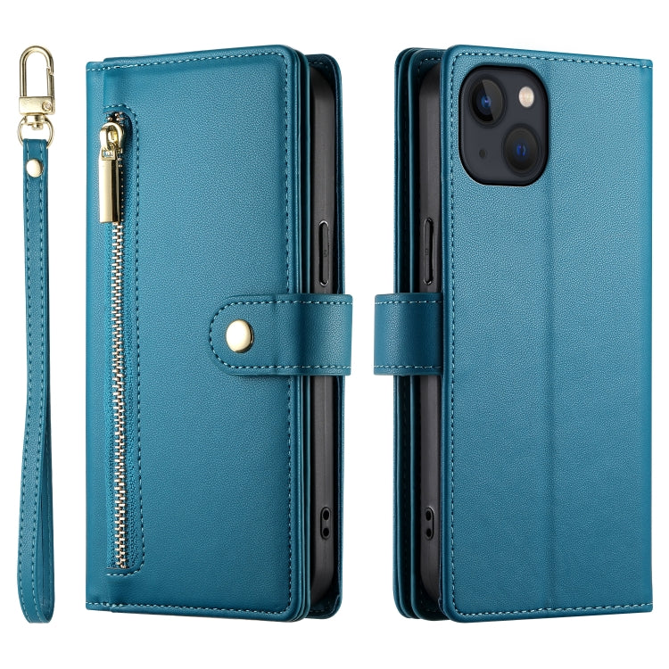 For iPhone 13 Nine Card-slot Zipper Wallet Bag Leather Phone Case(Blue) - iPhone 13 Cases by buy2fix | Online Shopping UK | buy2fix