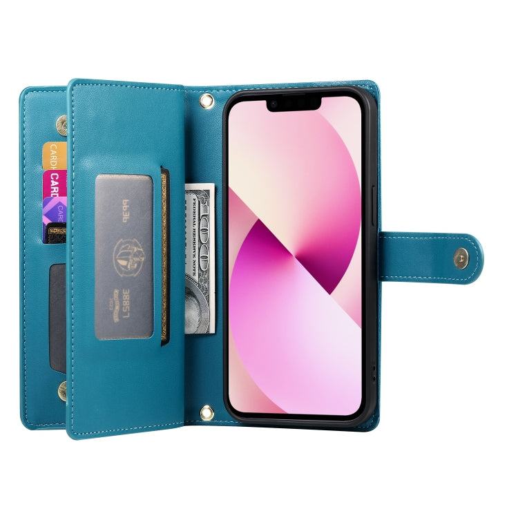 For iPhone 13 Nine Card-slot Zipper Wallet Bag Leather Phone Case(Blue) - iPhone 13 Cases by buy2fix | Online Shopping UK | buy2fix