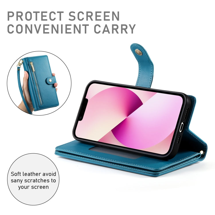For iPhone 13 Nine Card-slot Zipper Wallet Bag Leather Phone Case(Blue) - iPhone 13 Cases by buy2fix | Online Shopping UK | buy2fix
