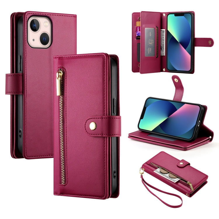 For iPhone 13 mini Nine Card-slot Zipper Wallet Bag Leather Phone Case(Red) - iPhone 13 mini Cases by buy2fix | Online Shopping UK | buy2fix