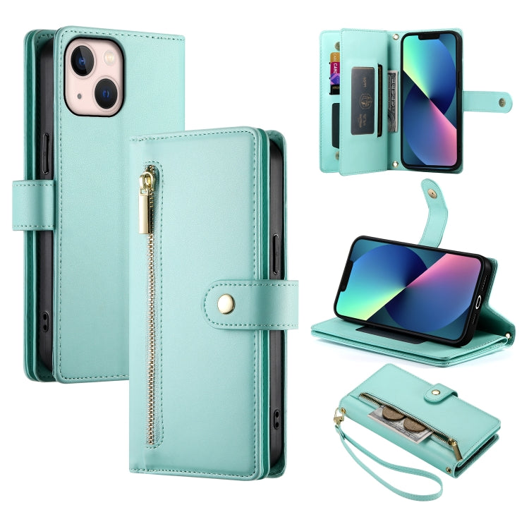 For iPhone 13 mini Nine Card-slot Zipper Wallet Bag Leather Phone Case(Mint Green) - iPhone 13 mini Cases by buy2fix | Online Shopping UK | buy2fix