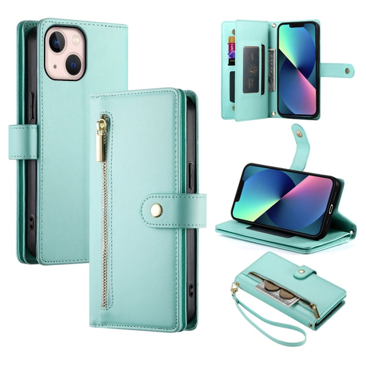 For iPhone 13 mini Nine Card-slot Zipper Wallet Bag Leather Phone Case(Mint Green) - iPhone 13 mini Cases by buy2fix | Online Shopping UK | buy2fix