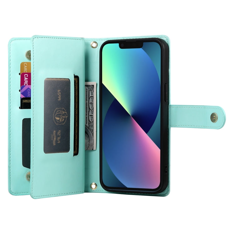 For iPhone 13 mini Nine Card-slot Zipper Wallet Bag Leather Phone Case(Mint Green) - iPhone 13 mini Cases by buy2fix | Online Shopping UK | buy2fix