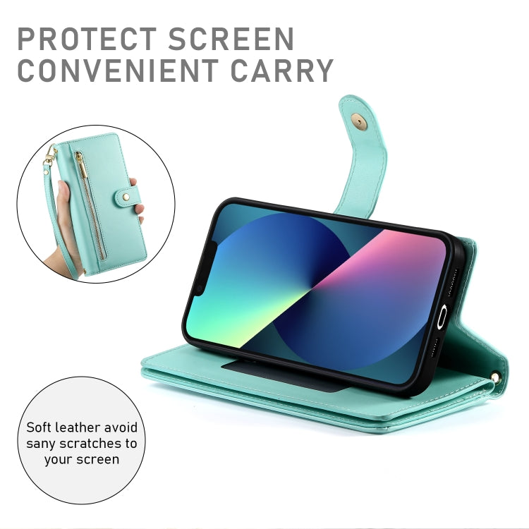 For iPhone 13 mini Nine Card-slot Zipper Wallet Bag Leather Phone Case(Mint Green) - iPhone 13 mini Cases by buy2fix | Online Shopping UK | buy2fix