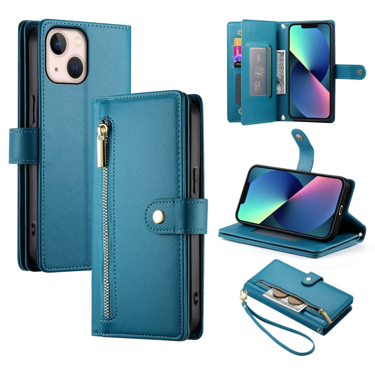 For iPhone 13 mini Nine Card-slot Zipper Wallet Bag Leather Phone Case(Blue) - iPhone 13 mini Cases by buy2fix | Online Shopping UK | buy2fix